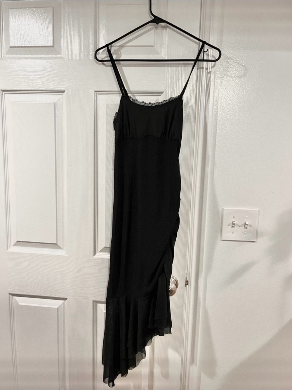 Black Ruched Side Dress with Lace Trim